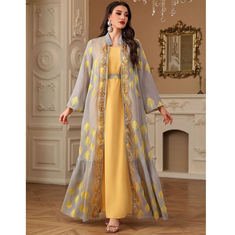 

Ближний Восток Трансграничное Кимоно Женская одежда Вышивка Листьев Кимоно кардиган Комплект из двух предметов Пояс Кардиган Платье Платье Yellow 2XL