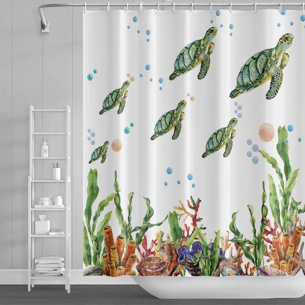 Fun Cartoon Sea Animal Shower Curtain, Sea Turtle Octopus Jellyfish Whale Crab Sea Life Landscape, Bathroom Shower Curtain Set