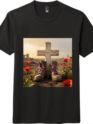 Veterans Day Cross and  Boots Graphic T-Shirt Mens Womens Tees Top