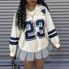 Womens Oversized Long Sleeve V-Neck Sweatshirt With Contrast Letter Print Casual Fall Top
