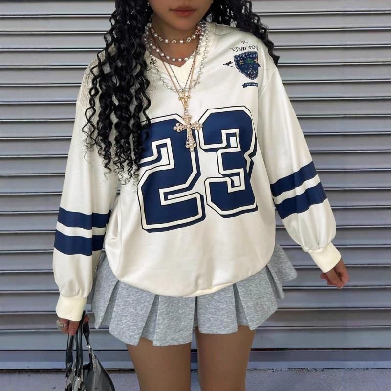 Womens Oversized Long Sleeve V-Neck Sweatshirt With Contrast Letter Print Casual Fall Top
