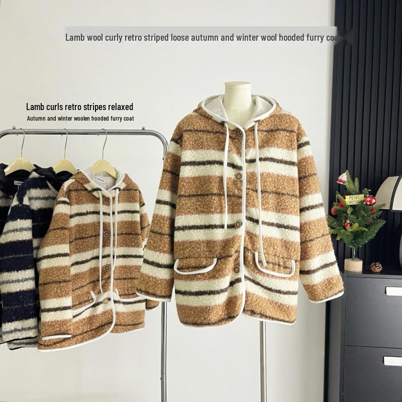 Xin Xing EONEE Women's Retro Striped Lamb Wool Hooded Jacket - Autumn/Winter