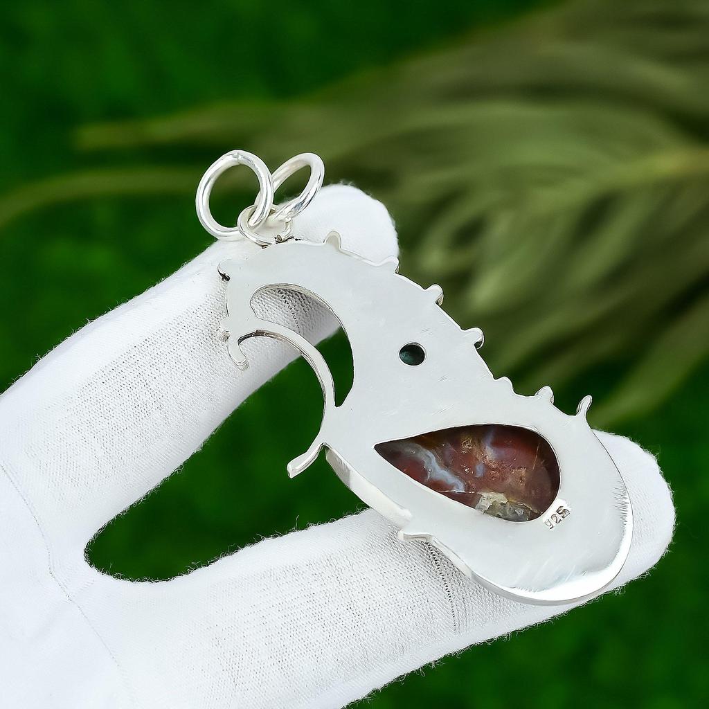 Pear Seame Agate Gemstone Blue Topaz Birthday Ethnic Pendant 925 Sterling Silver