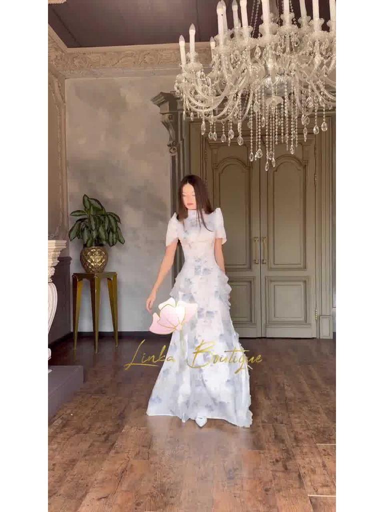 Women's 2025 Spring Retro Elegant Short Sleeve Waist-Cinching Long Dress