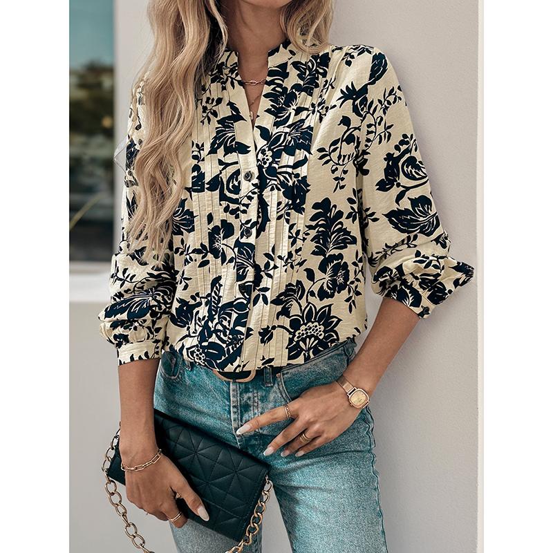 Spring And Autumn New Vintage Printed Shirt Small Stand Collar Elegant Shirt Women's Fashion Long Sleeve Button Office Blouse