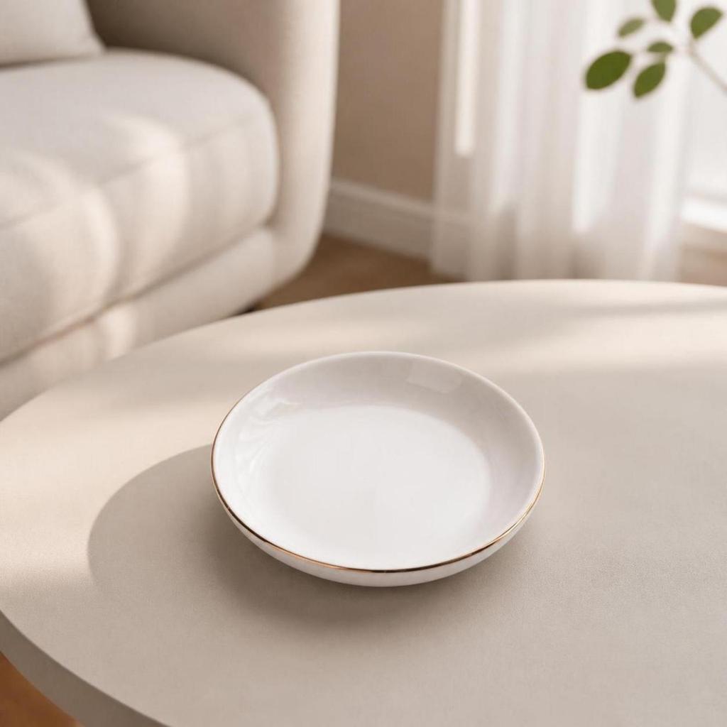 Ceramic Jewelry Dish with Gold Rim Shallow for Vanity, Entryway