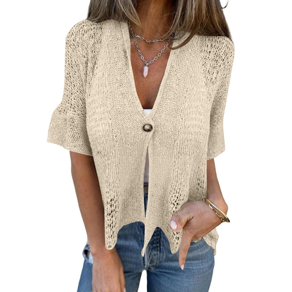 Damski lniany kardigan z rękawami 3/4, luźny krój, kaptur, kurtka szalowa