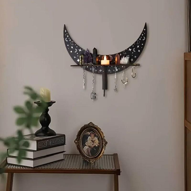 Bohemian Style Wooden Crescent Moon Wall Shelf for Crystals and Candlestick Decor