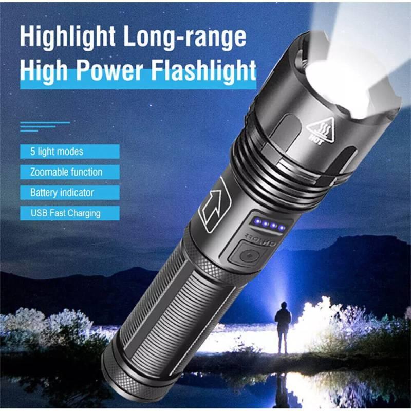 Powerful Xhp50 Led Flashlight With Usb Rechargeable Feature Ideal For Outdoor Camping And Emergency Situations