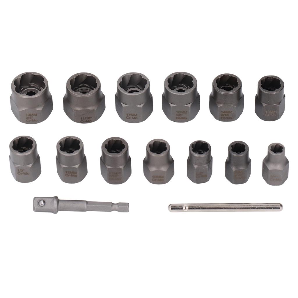 15 Pcs Set Bolt Extractor 1 4 to 3 4 Inch Cr Mo Steel Damaged Bolt and Nut Remover Extension Rod Kit
