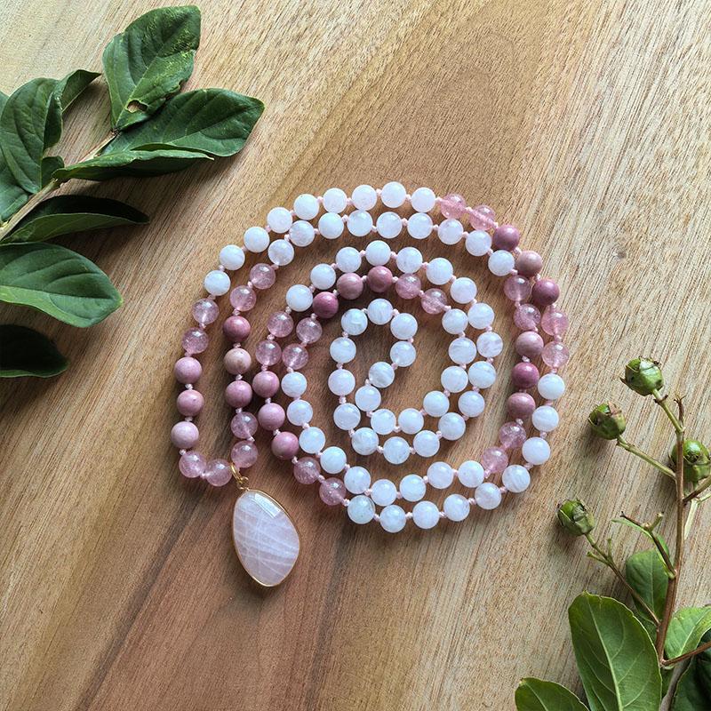 Strawberry Quartz,Rhodonite Mala,Rose Quartz Pendant,JapaMala,108 Hand Knotted Meditation Necklace,Yoga Jewelry,Healing Crystals 110CM