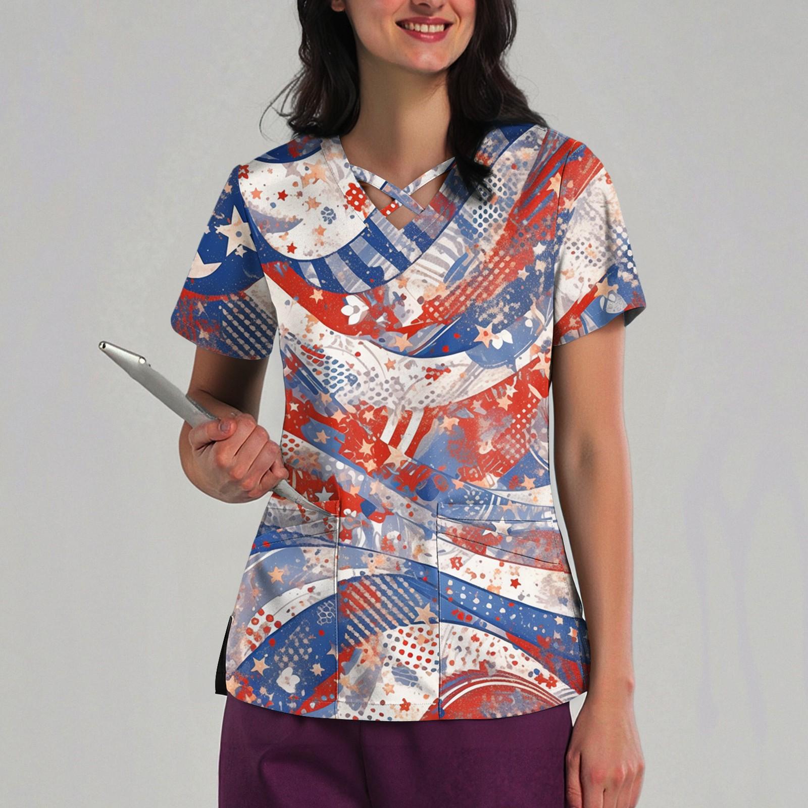 

Women s Loose Independence Day Printed Top Short Sleeve T-shirt Pullover L Кіновар