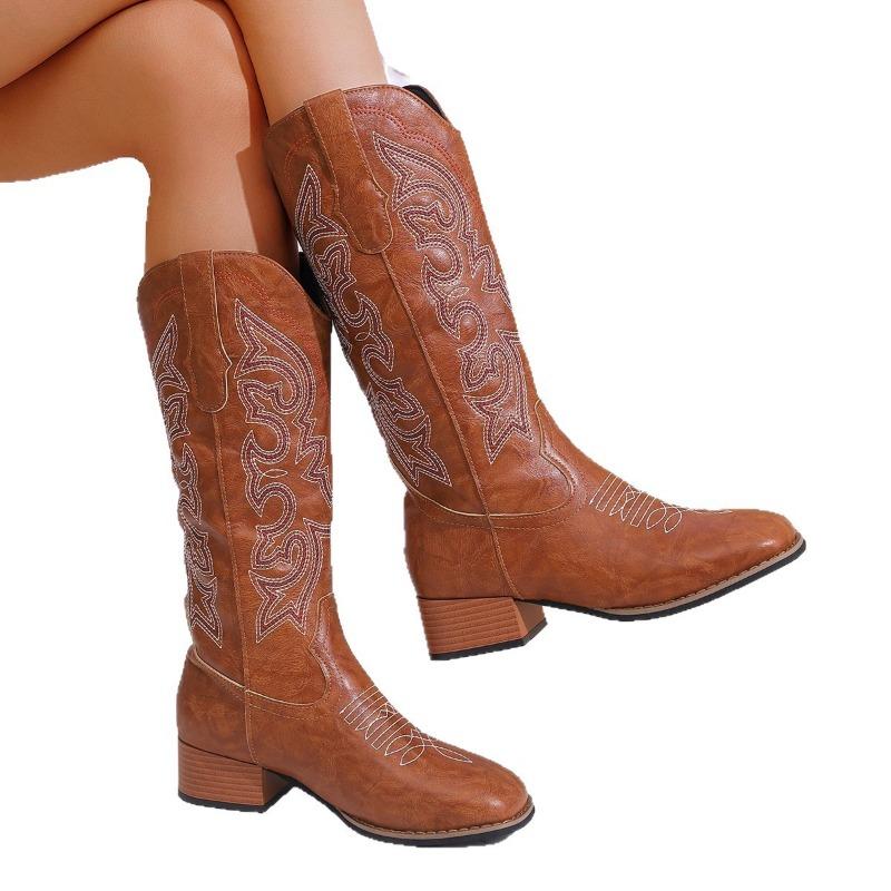Winter Coarse Heel Western Cowboy Boots Embroidered Boots, Style Tall Round Boots