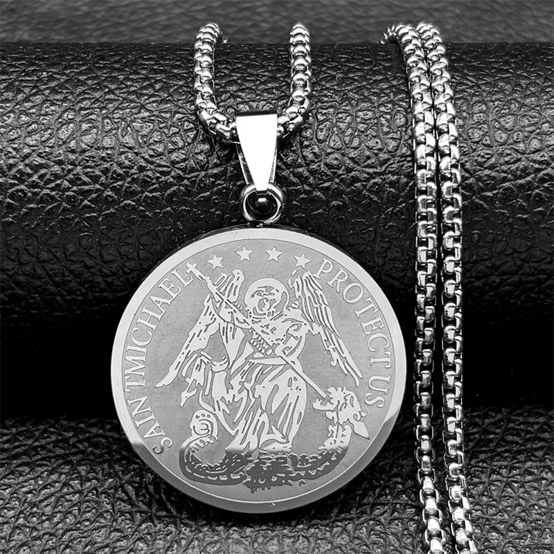 Erzengel Michael Beschütze Uns Anhänger Halsketten für Damen Herren Edelstahl Gold Silber Farbe Religiöses Amulett Kette Schmuck