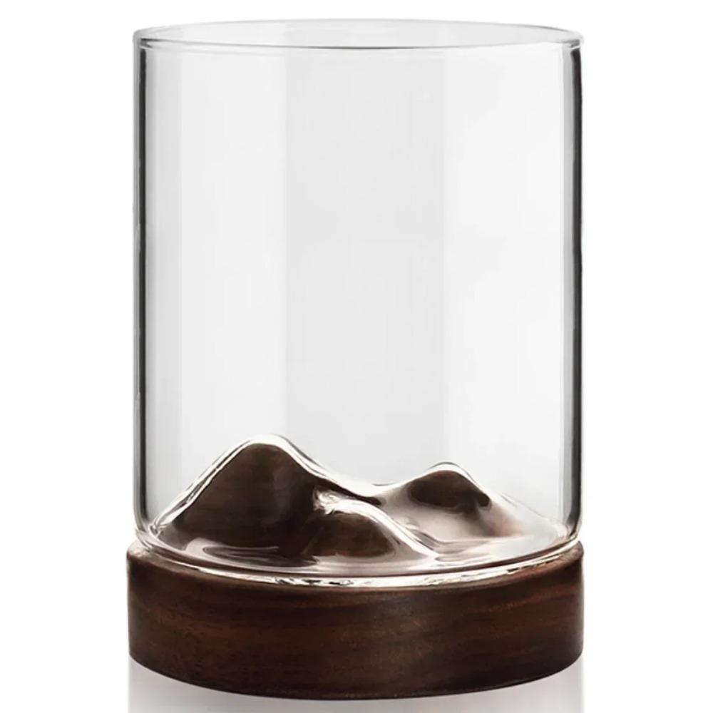 Przezroczysta szklanka do whisky z górskim motywem i drewnianą podstawką Kreatywna żaroodporna szklanka do piwa Wino Woda Filiżanka do herbaty Zestaw Barowe naczynia do napojów T7X8