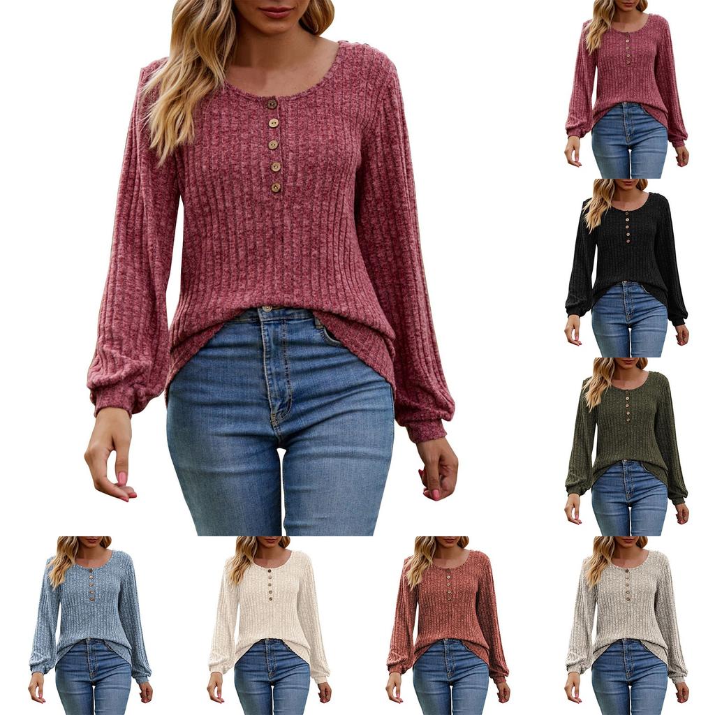 Women's Fashion Round Neck Ribbed Brushed Solid Color Button Stitching Long Sleeve