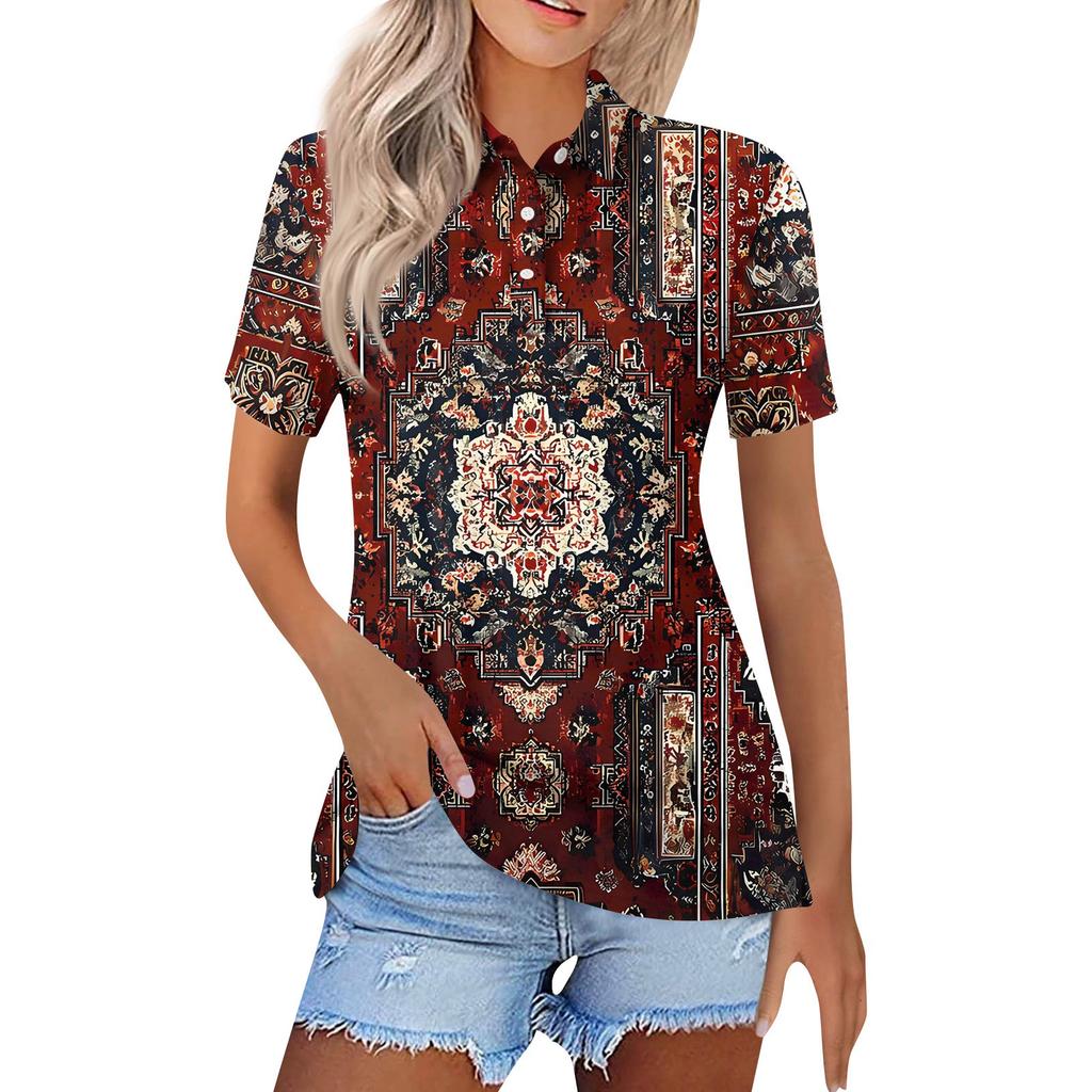 Dámská móda Neformální košile s potiskem s klopou a krátkým rukávem Dámské topy se zapínáním na knoflíky