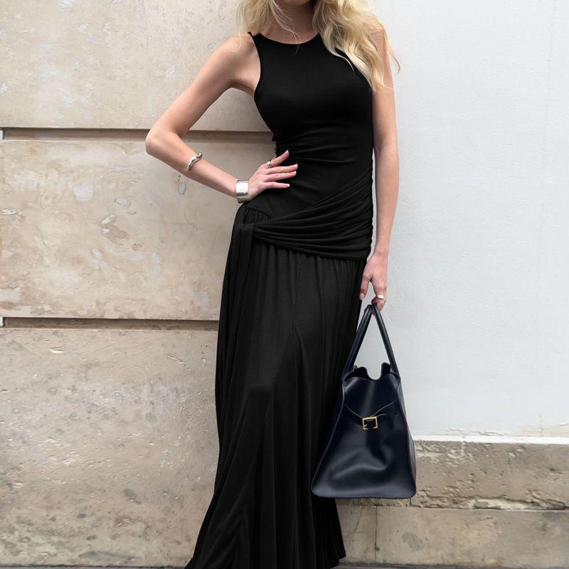 

Shemoda Fashion Style round Neck Sleeveless Dress Women s Stretch Slim-Fit Lace up Patchwork High Waist Pleated Long Dress Black S