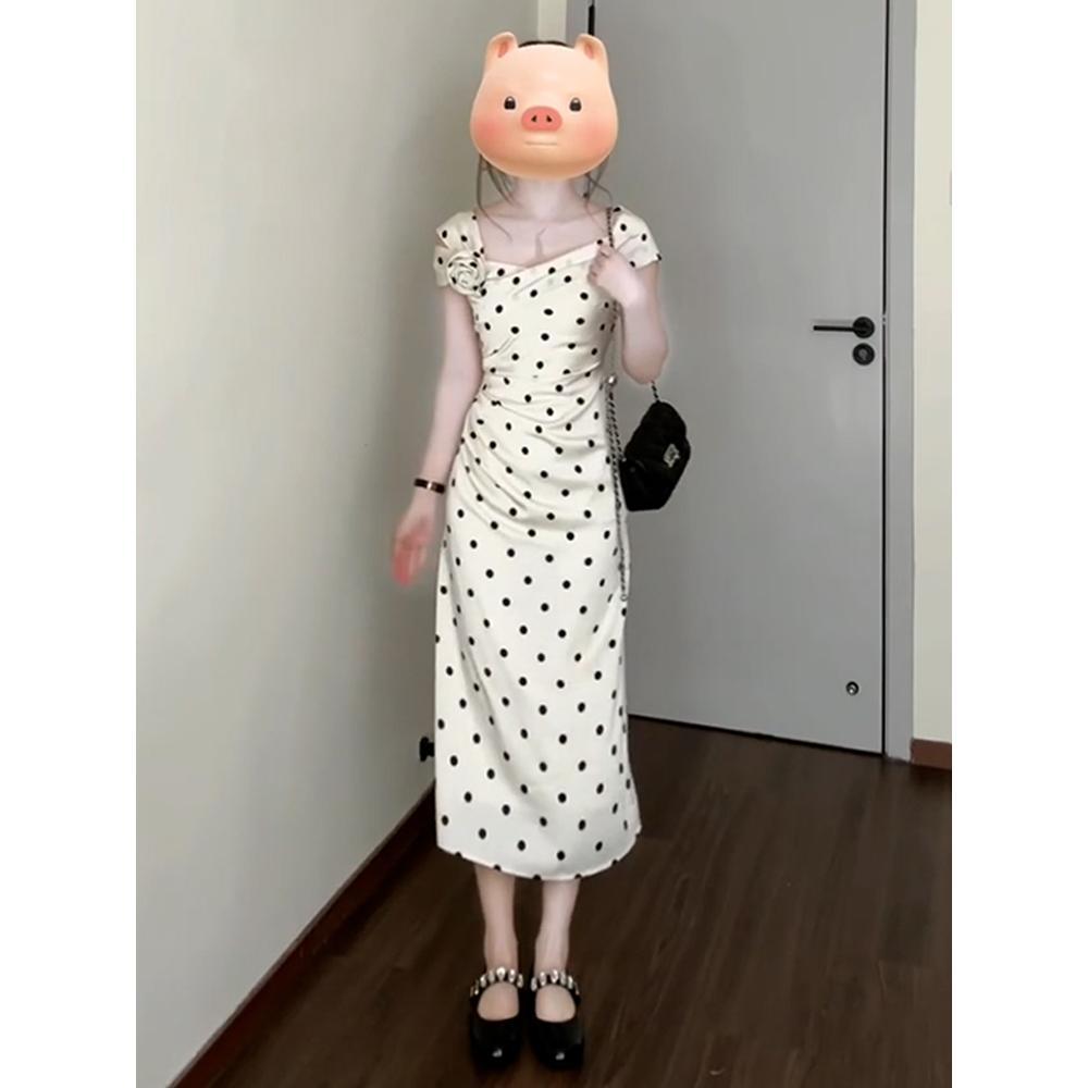 Seaside vacation waist long dress polka dot suspender white dress children's summer leisure new