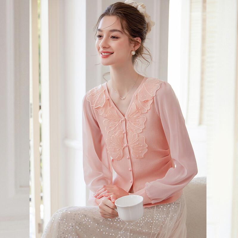 French Style V-neck Embroidered Knit Top L розовый