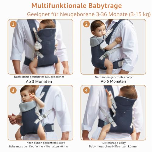 Baby Carrier Ergonomic Newborn Carrier for Infants 3-36 Months Front and Back Carry Navy Blue