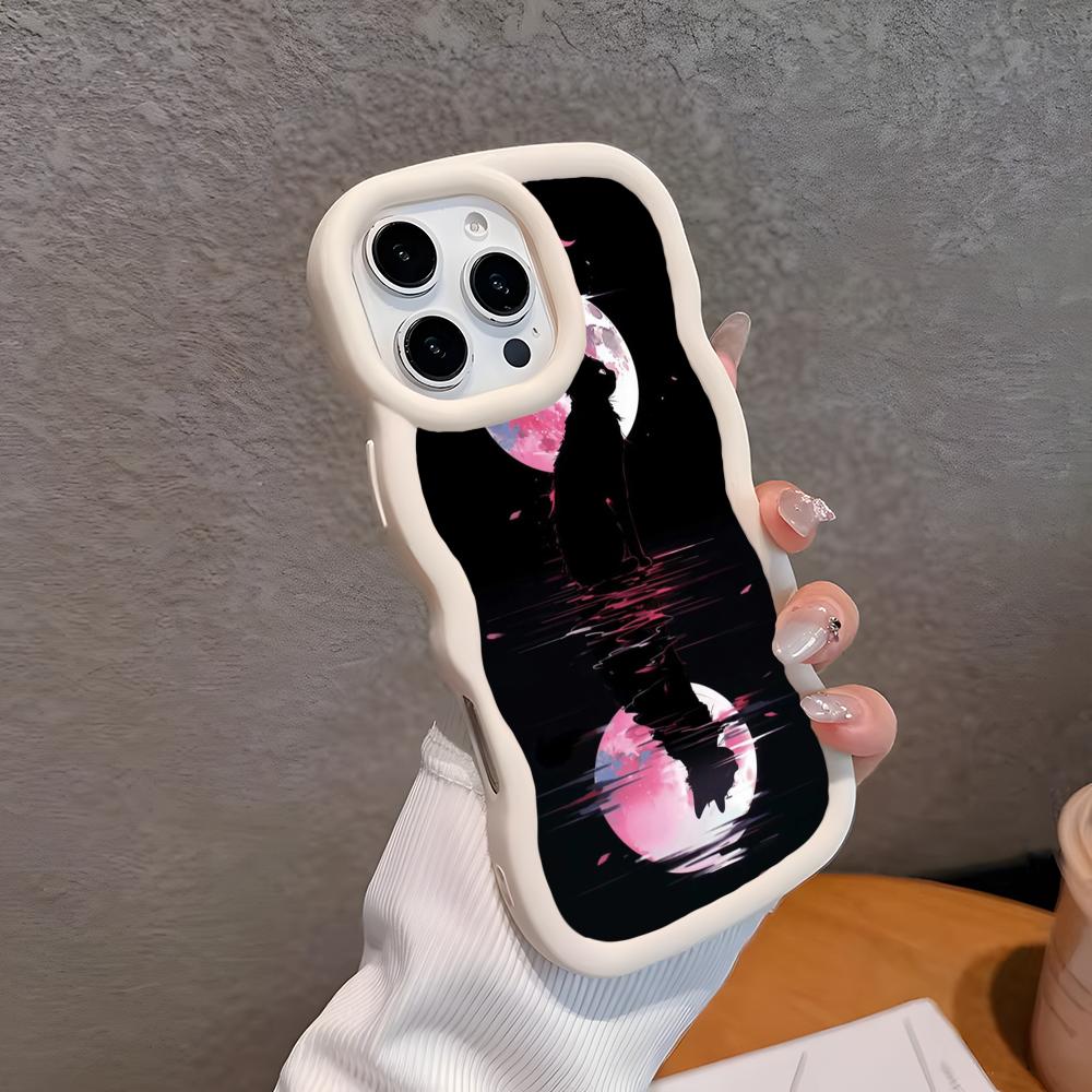 Luna Moon Cat Mobile Phone Case for iPhone 17 16 15 14 13 12 11 Air Pro Max Plus Wavy Edge TPU Colorful Cover Pretty Smartphone