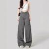 Cement Gray Women's Wide-Leg High-Waisted Floor-Length Cargo Jeans - 2026 Spring/Autumn Retro Style