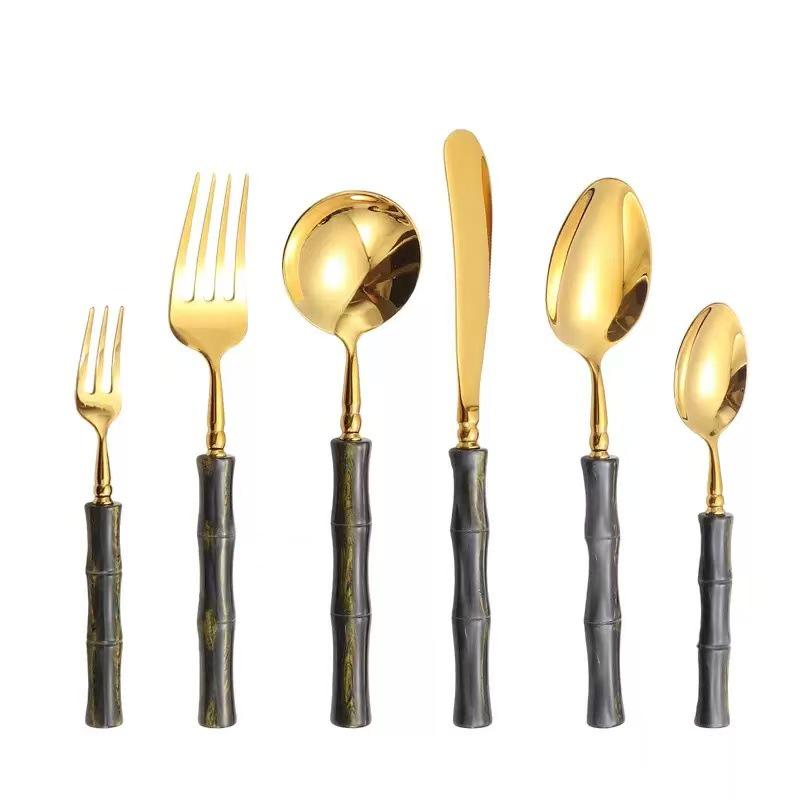 304 Stainless Steel Gold Cutlery Set with Violet Acrylic Bamboo Joint Handles: Includes Knife, Fork, and Spoon for Hotel Light Luxury Use.
