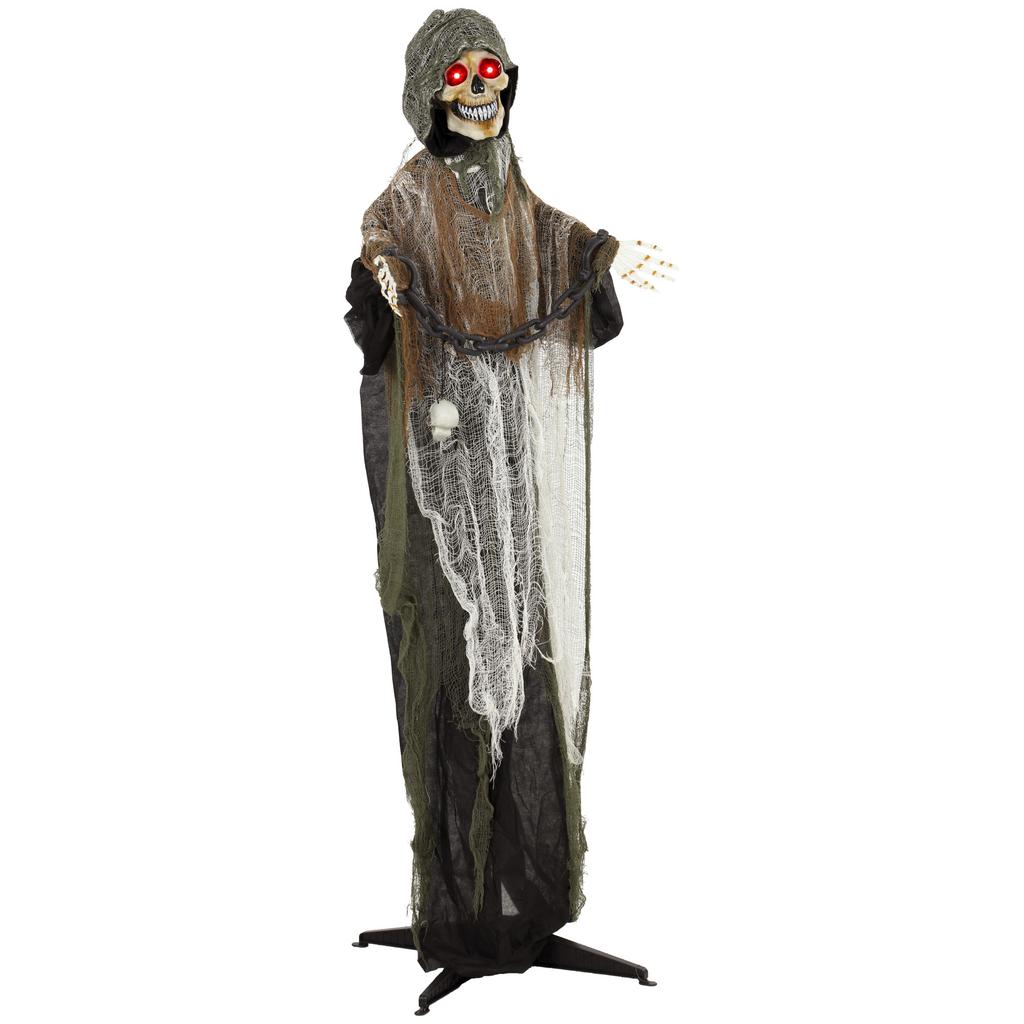 170cm Animated Grim Reaper, Life-Size Halloween Animatronic with Moving Hands/Head, Glowing Eyes, Creepy Sound