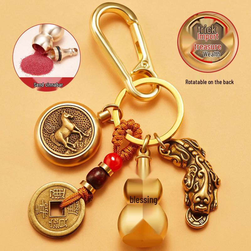Pixiu Guardian Brass Pendant: Five Emperors Coins & Zodiac Buddha Keychain for Wealth & Protection