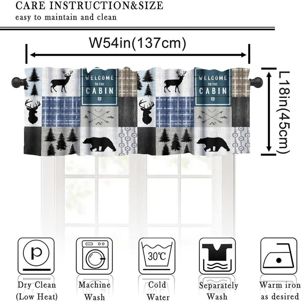 Rustic Cabin Kitchen Valances Curtain,Vintage Country Farmhouse Bear Moose Deer Rod Pocket Small Valance Treatments for Living Room Bedroom