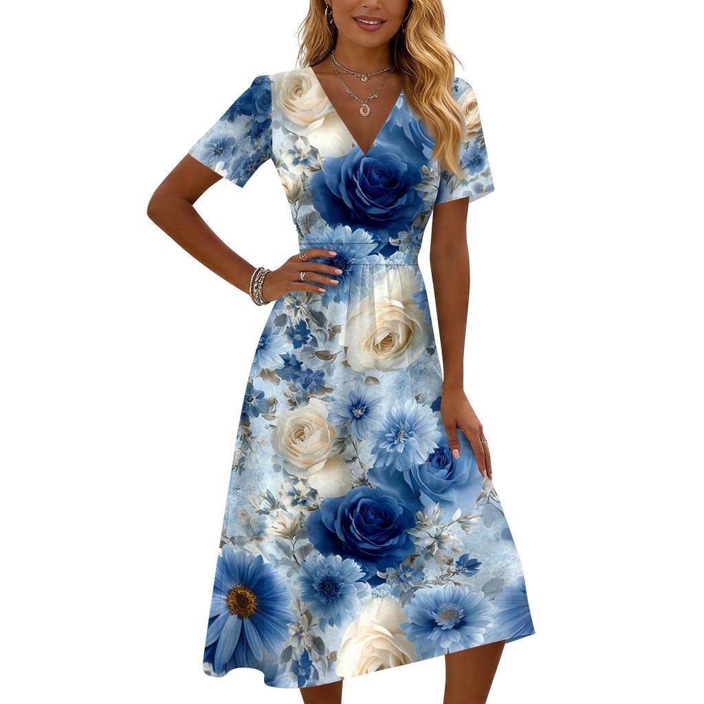 Women’s Short Sleeve V Neck Floral Print Midi Dress Lightweight A Line Summer Dress for Casual Office Daily Wear