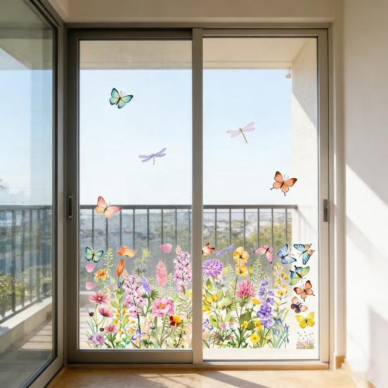 Naklejki Okienne Wiosna Lato Polne Kwiaty Motyl Kwiatowe Naklejki Okienne Samoprzylepne Naklejki PVC do Domu Imprezy Witryny Sklepowej Drzwi Szklane Dekoracja