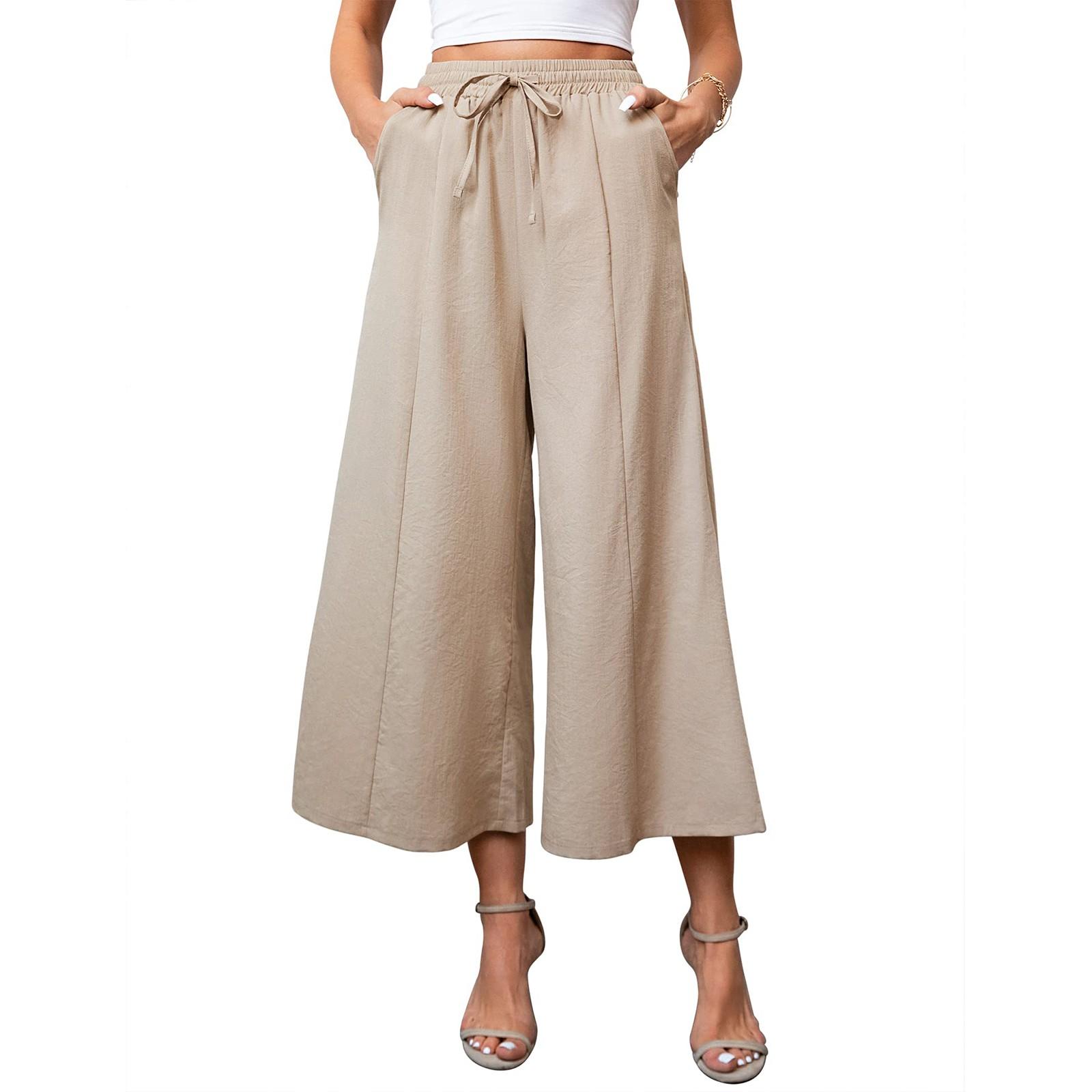 Женские льняные брюки с широкими штанинами и шнурком — фото 10