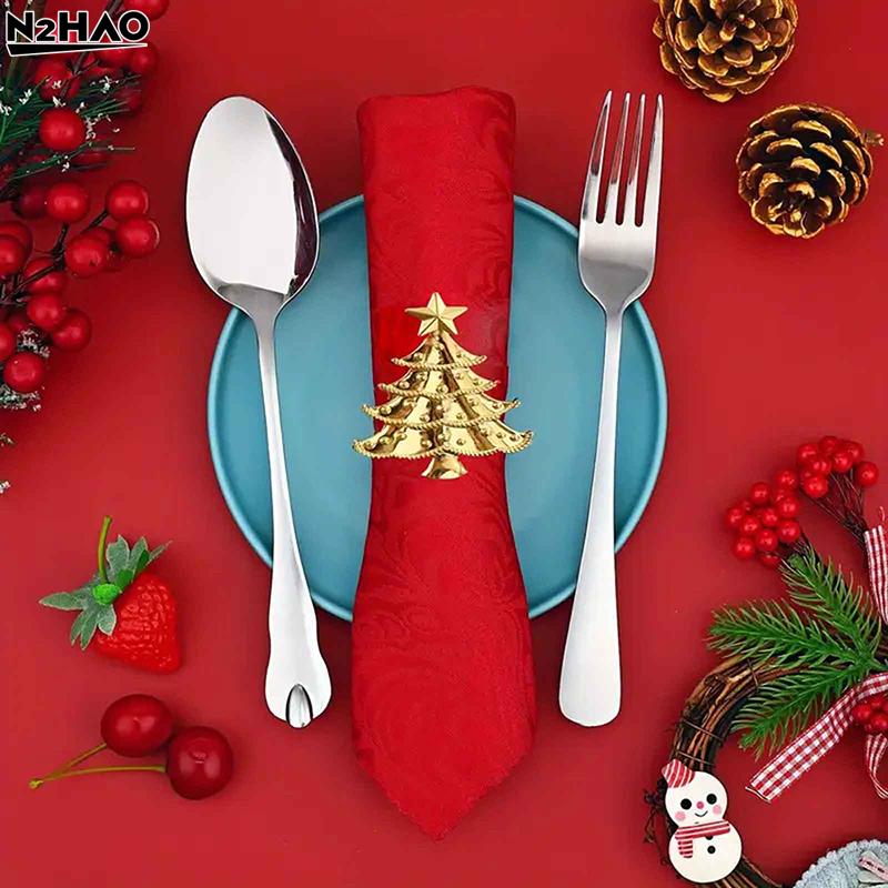 6Pcs/PACK  Christmas Napkin Rings Xmas Tree Ornaments Christmas Home Kitchen Dinner Table Decoration New Year Party Supplies