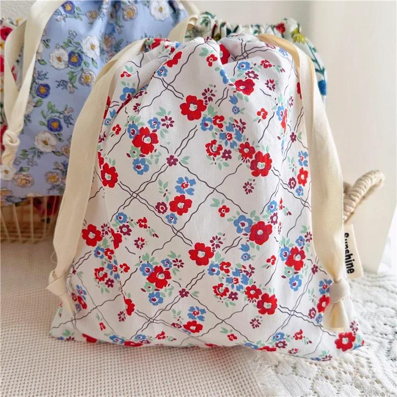 Portable Organizer for Underwear Socks Bra Cotton Makeup Bag Travel Drawstring Bags Ins Flower Print Clothes Cosmetic Bags