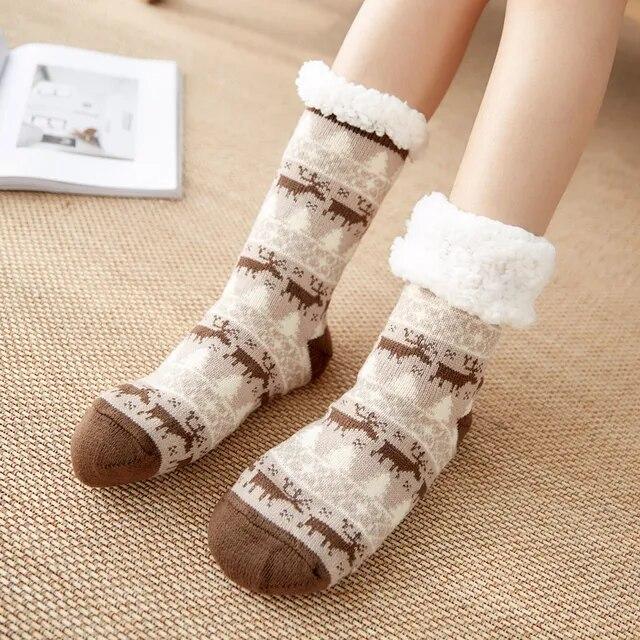 Winter Warm Socks Women Plush Soft Female Non Grip Floor Slippers Short Sock Fuzzy Fluffy Deer Elk Bear Christmas Gift