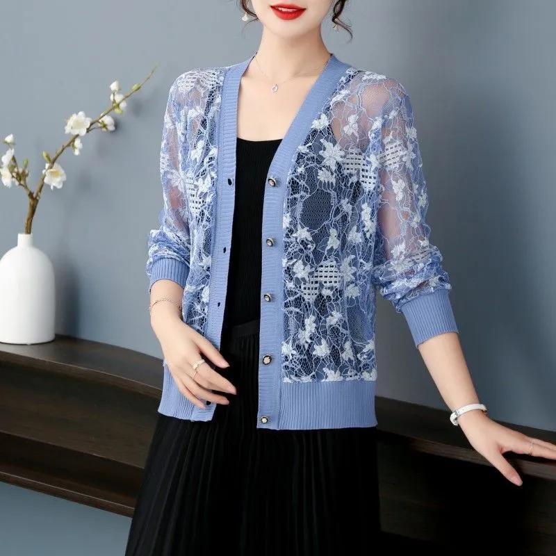 Dam sommar tunn v-ringad spetsstickad kofta jacka design med urhålad kortärmad topp