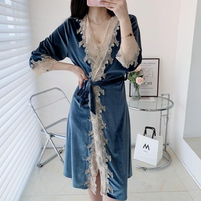 Velvet Women Homewear Sexy Lace Kimono Bathrobe Gown Trim 2PCS Robe Set Loose Casual Lounge Wear Autumn Winter Velour Sleepwear