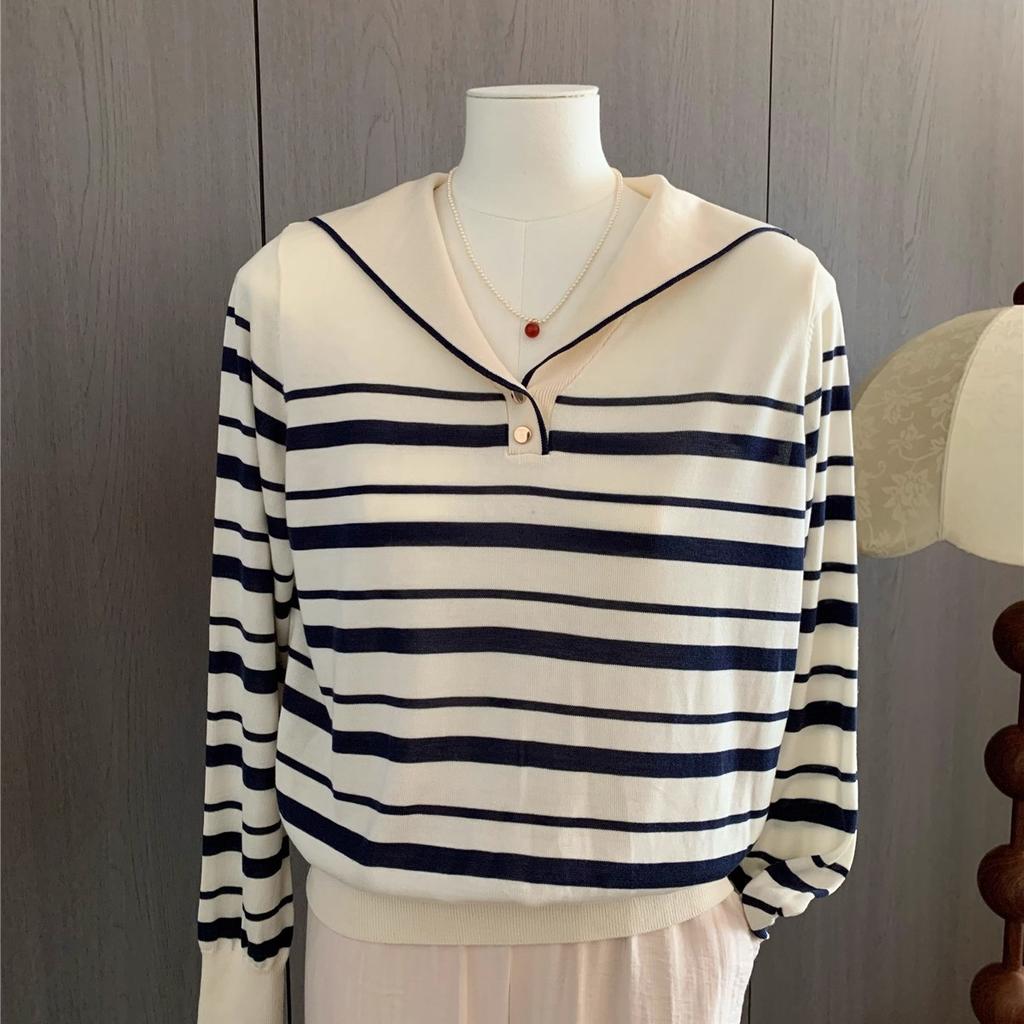 This Autumn and Winter Fashion Design Features A Simple Navy Neck Striped Long-sleeved Knitted Sweater and A Loose, Slimming Base Layer for Women