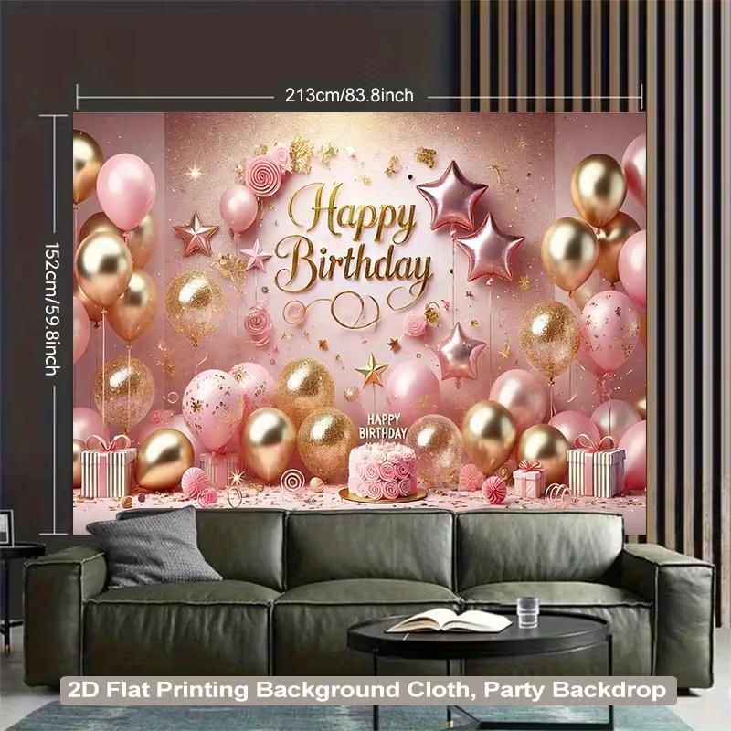 2D Birthday Photography Background, Pink Gold Themed Party Backdrop Banner