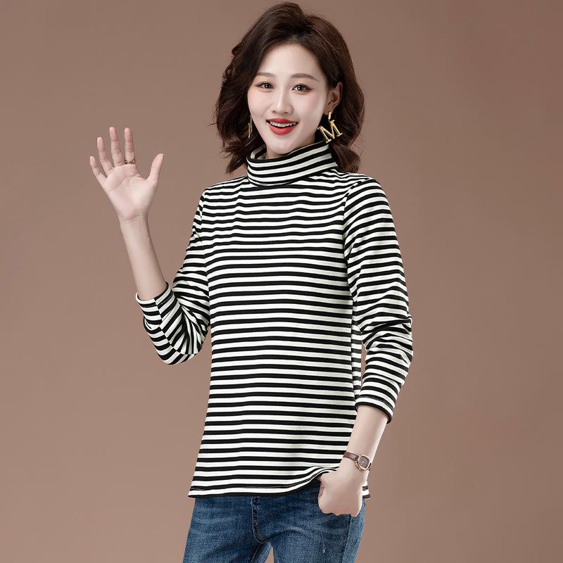 Women's Plush Striped High-Neck Base Layer Top - Long Sleeve, Plus Size, for Autumn/Winter, Middle-Aged Mom, Thick Velvet Inner Layer.