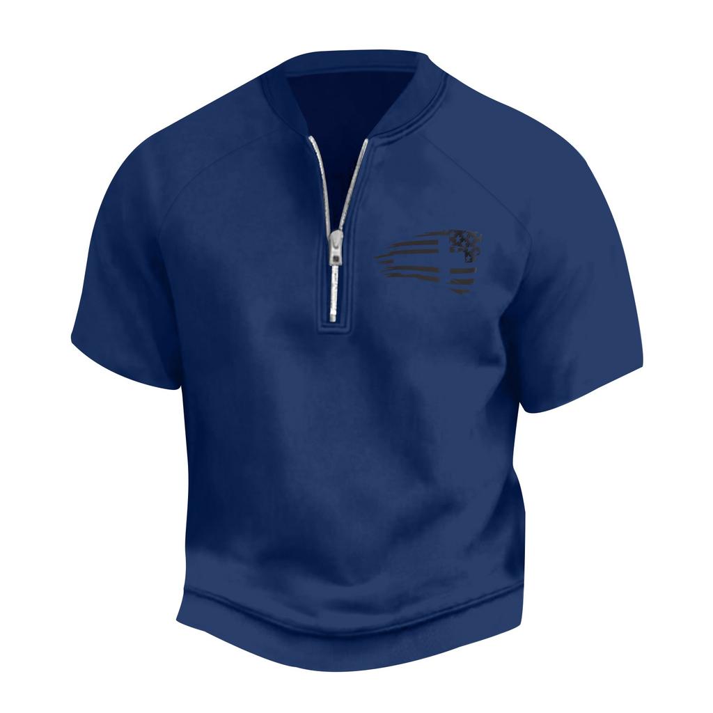 Pánské letní vintage tričko na poloviční zip s potiskem vlajky Dne nezávislosti a krátkým rukávem