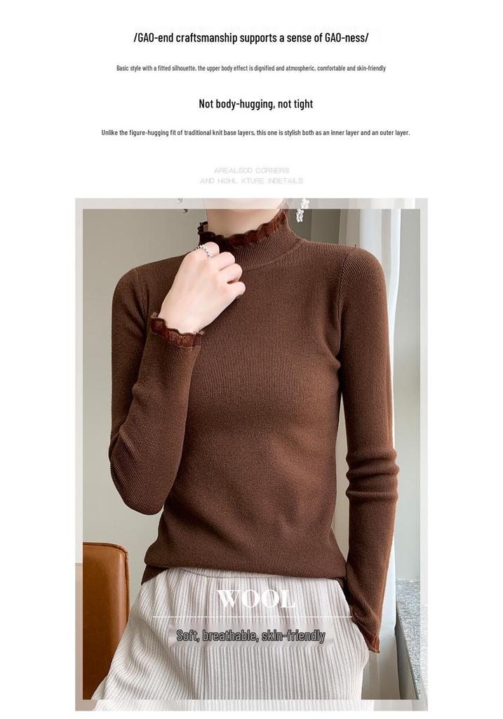 Women's Stylish Half-High Neck Knit Sweater - Lace Base Layer for Autumn & Winter