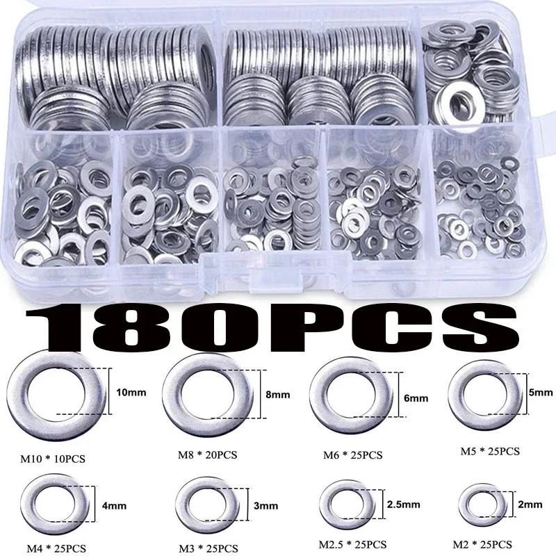 180pcs Aluminum Flat Washer Kit M2-M10 Assorted Size Metric Plain Washers Gasket Rings for DIY Auto Plumbing Machinery Repair