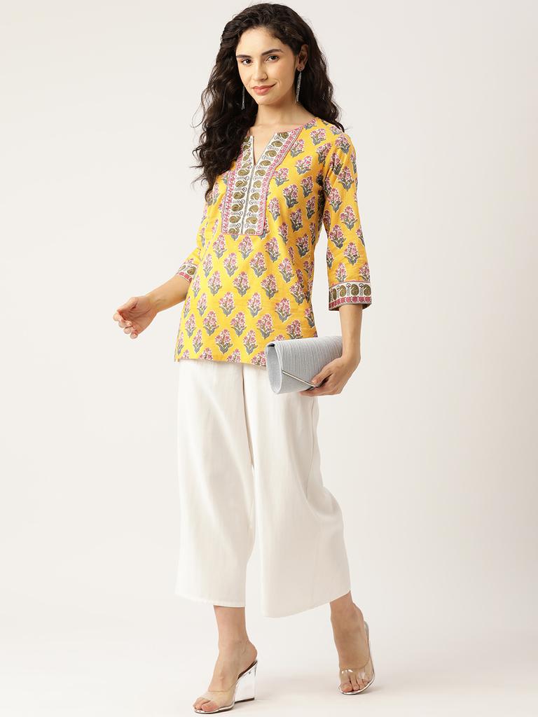 Yellow Printed Sequinned Pure Cotton Kurti