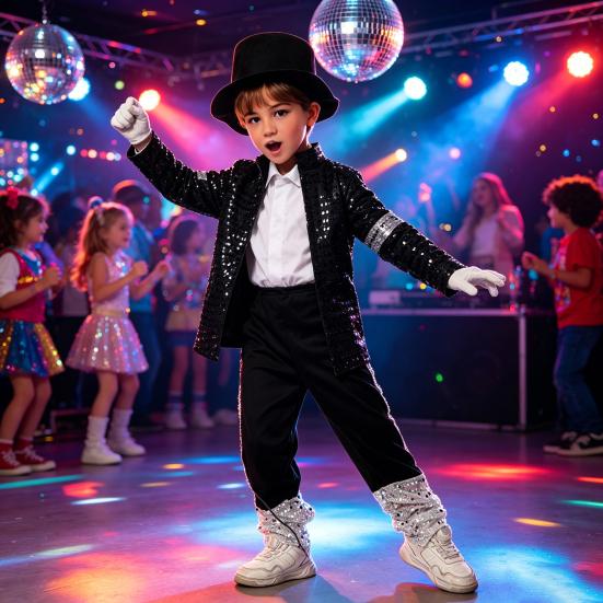 Musician Halloween Costume Set for Kids, Black Sequin Jacket, Trousers, Hat, Gloves, 80s 90s Retro Stage Outfits for Disco Party, Fancy Dress