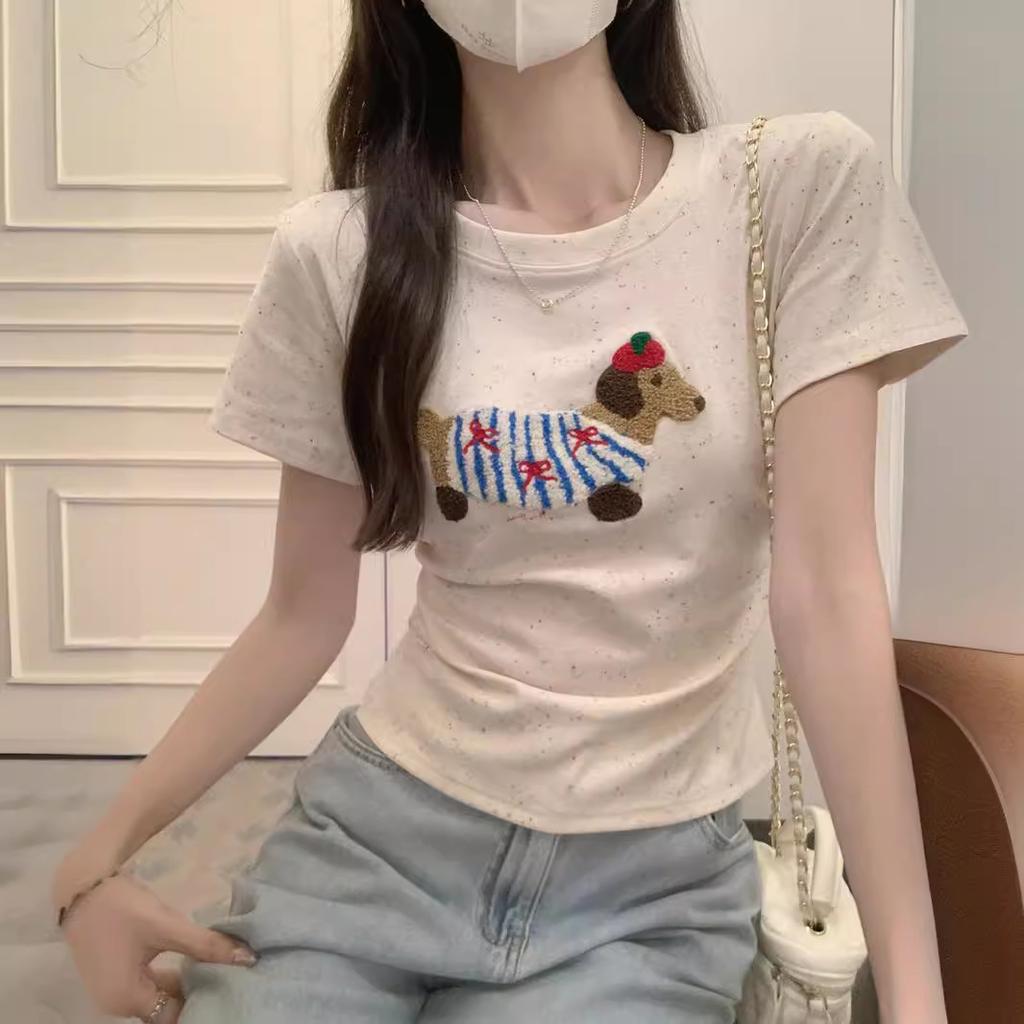Three-dimensional Flocking Embroidered Dog Short-sleeved T-shirt for Women In Summer High-end Rainbow Polka Dots Shoulder T-shirt Short Top