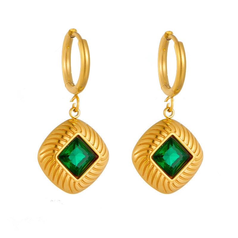 Retro Geometric Emerald Diamond-Studded Square Pendant Earrings for Women