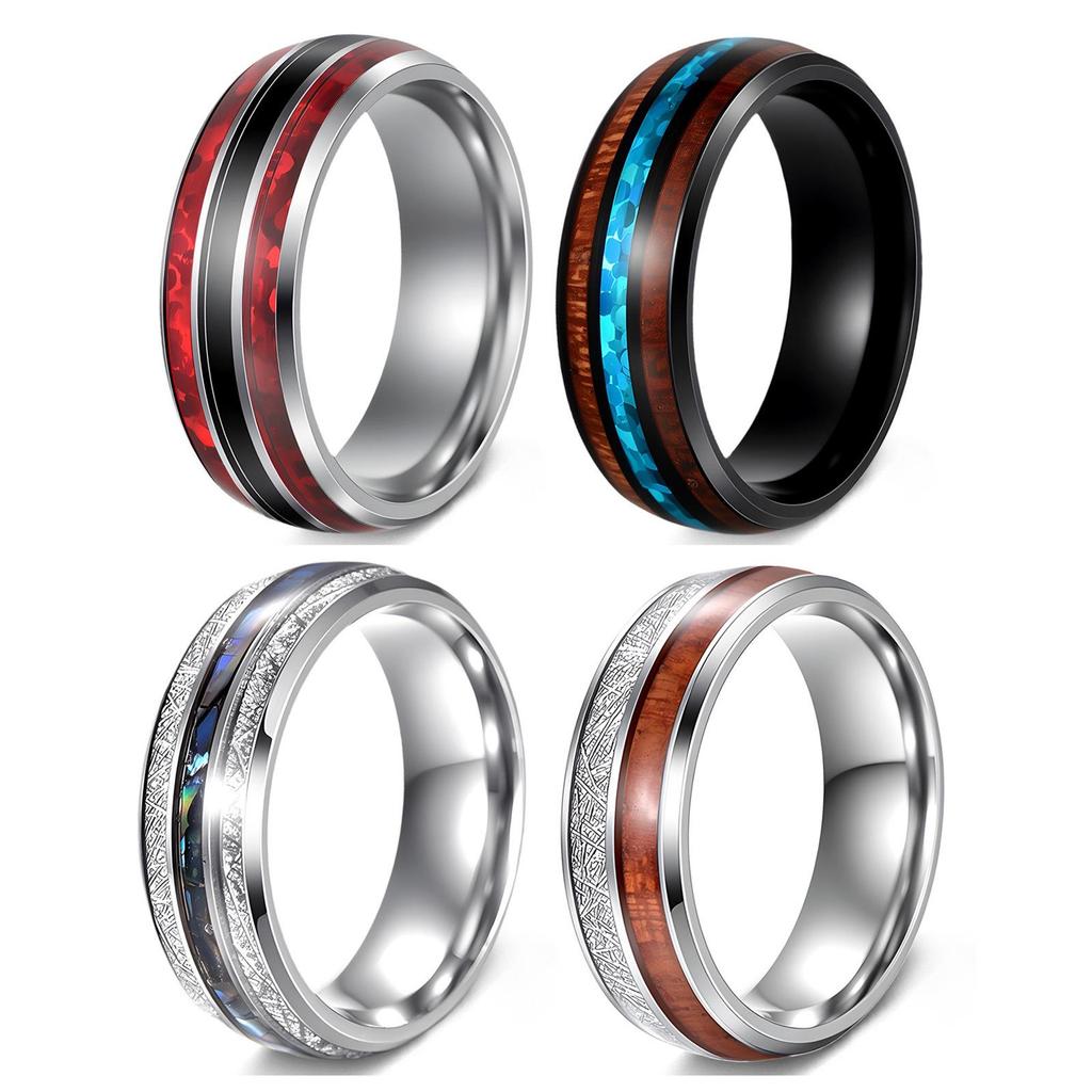 Men's Titanium Steel Ring with Acacia Wood & Abalone Shell Inlay